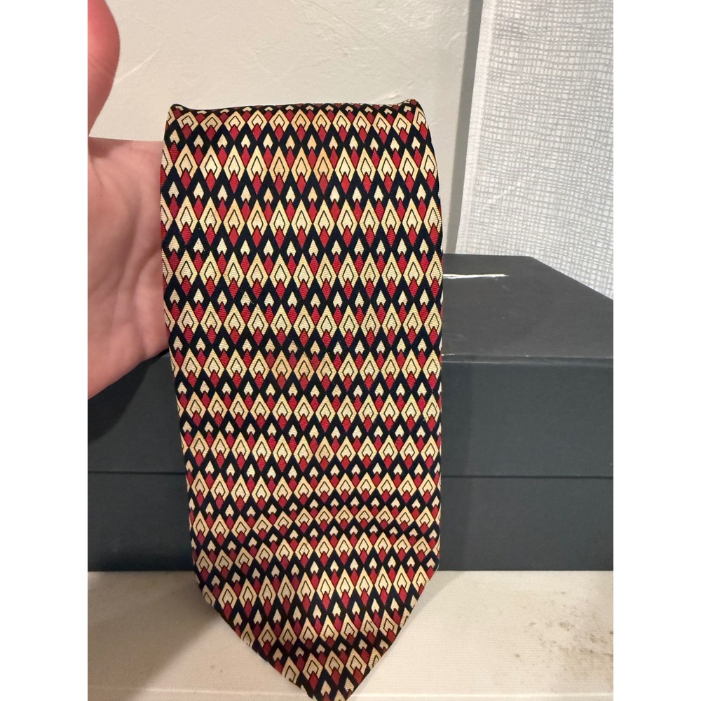 Options EF Silk Necktie Mens OS Navy Gold Red Excellent Handmade Geometric USA